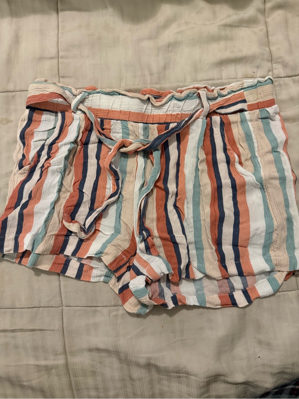 Jolt Striped High-Waist Tie Shorts in Coral, Navy, Mint & Cream